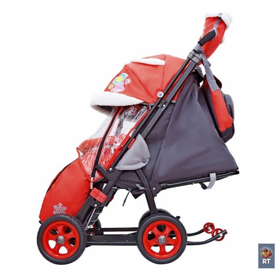 Санки-коляска Snow Galaxy City-2-1, дизайн - Мишка со звездой на красном, на больших надувных колёсах, сумка и варежки  